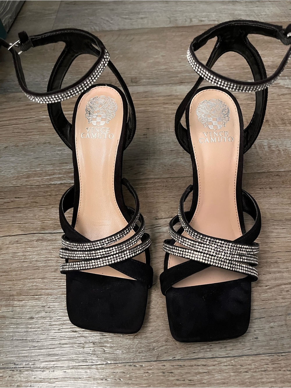 Vince Camuto Black Crystal-Strap Open-Toe Heels